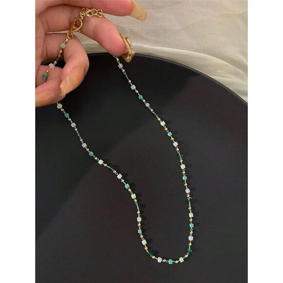 Emerald Green Crystal Gemstone Beaded Necklace Adjstble Chain Choker Gold Collar - Picture 4 of 6